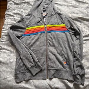 Aviator Nation Gray Zip Hoodie with Neon Rainbow Stripes